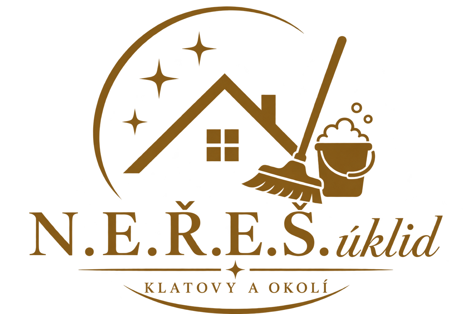 N.E.Ř.E.Š. úklid — logo s domečkem, koštětem a kbelíkem